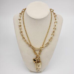 Authentic Louis Vuitton Gold Padlock w/ Unbranded Fashion Stainless Steel Chain